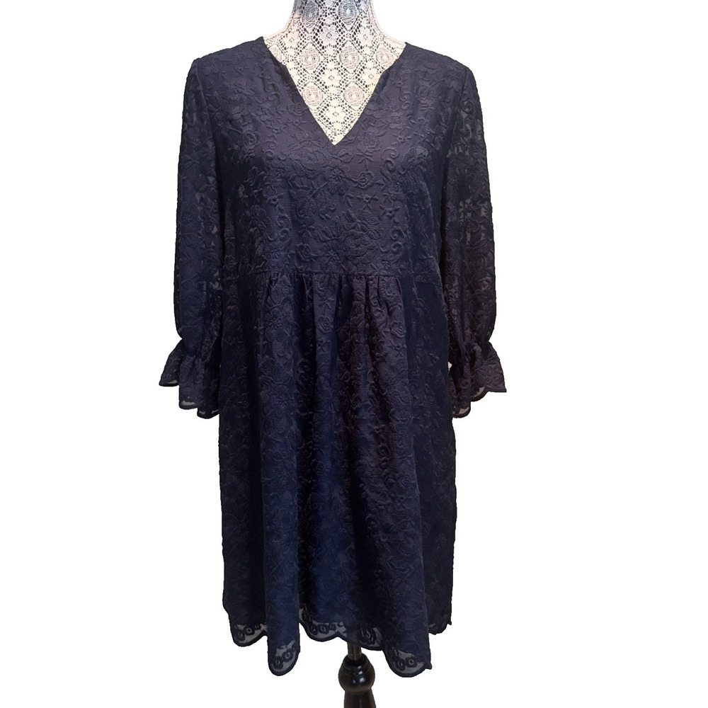 Madewell Women's Navy Embroidered Lace Slowsong 3/4 Sleeve V-Neck Dress-Size 4